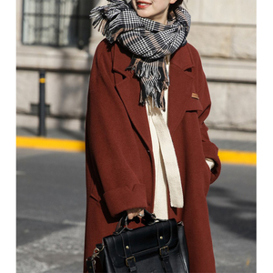 棕红色手工双面羊绒大衣女中长款2022年新款纯羊毛呢大衣宽松外套