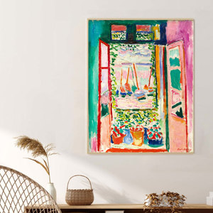 马蒂斯开着的窗户窗外郁金香花束静物竖款野兽派油画布画芯装饰画