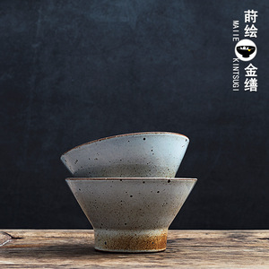 日式粗陶酒店饭碗复古小碗脚碗商用斗笠碗老式螺纹碗陶瓷碗