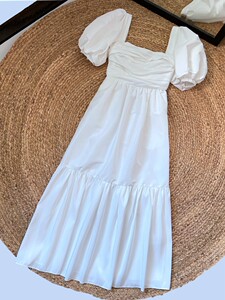 杨超越同款sp元女夏装仙女裙方领白色塔夫绸泡泡袖高腰连衣长裙白