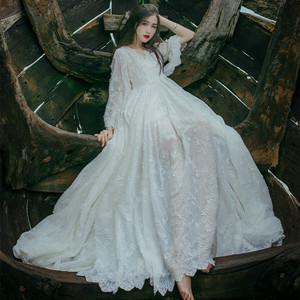 2018夏季新款文艺复古收腰连衣裙网纱刺绣蕾丝大摆超仙女长裙夏