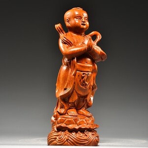 花梨实木雕刻金童玉女摆件善财童子龙女家居客厅供奉佛像结婚送礼