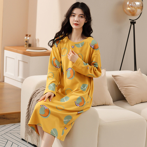 睡裙女春秋季长袖纯棉长裙连体睡衣甜美全棉长款休闲家居服过膝盖