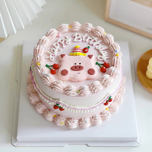 小红书同款手绘小猪蛋糕装饰摆件网红复古粉色帽子猪生日烘焙插件