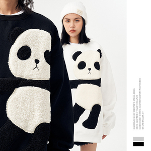 mtwo羊羔绒熊猫刺绣加绒圆领卫衣女oversize宽松情侣外套炸街上衣