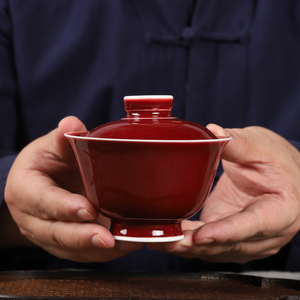 景德镇 手工制作 高品制 郎红陶瓷盖碗 色釉功夫茶具 泡茶茶碗