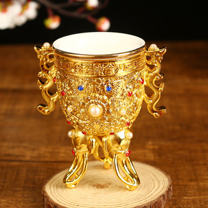 金瓯永固杯仿古做旧老铜鎏金镶嵌宝石杯摆件白酒杯创意家庭摆件
