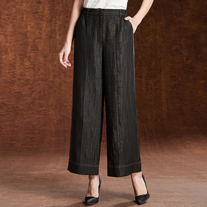 真丝冠乐绉香云纱女裤桑蚕丝黑色气质阔腿裤两侧松紧时尚休闲裤子