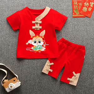 男宝宝2一1周岁礼服男孩夏季红色抓周衣服男童薄款套装兔宝女汉服