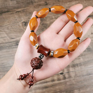 文玩橄榄核手串男女素珠光珠核雕六面棱形搭配紫檀貔恘小吊坠手链