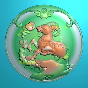 峰腾雨精雕图圆牌羊玉雕图十二生肖羊领头羊山羊动物圆形山水