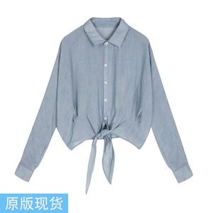 钱夫人chinstudio下摆打结长袖雪纺衬衫女夏港味复古chic防晒衬衣