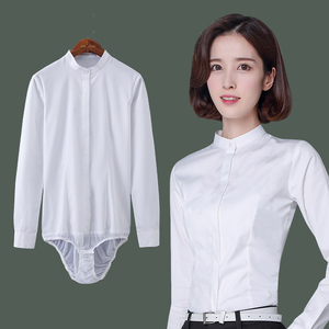 2020新款立领女长袖连体衬衫连裤衬衣短袖弹力棉暗门襟大码面试