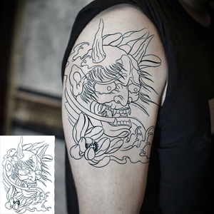 线条般若纹身贴防水持久男女班诺图腾手臂黑白复古仿真纹身贴纸