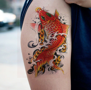 招财大锦鲤小腿 图腾 男女防水纹身贴 彩色鲤鱼 持久逼真花臂贴纸