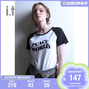 it izzue女装短袖t恤时尚夏季新品休闲美式拼色插肩袖上衣1155U3K