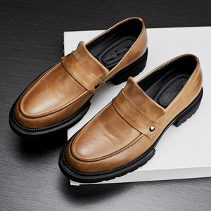 新款皮鞋男士韩版休闲鞋英伦内增高真皮一脚蹬棕色豆豆鞋俞华淦178