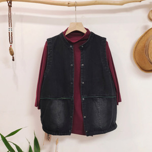 海边琦风女装秋装大码宽松文艺简约无袖马甲磨毛水洗牛仔坎肩外套