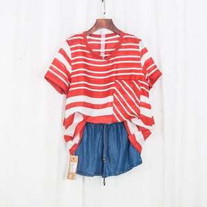 海边琦风大码女装短袖t恤2018夏装韩版中长宽松休闲显瘦条纹上衣