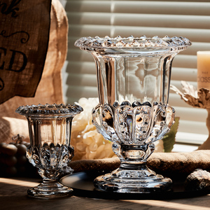 捡漏 尾单北欧加厚水晶玻璃透明花瓶复古创意风灯高脚杯插花摆件