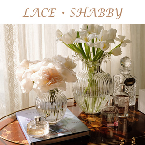 LACESHABBY新款欧式复古轻奢浮雕荷叶边透明玻璃花瓶水培花器摆件