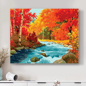 数字油画diy填充秋天风景红树叶森林河流山水装饰手工填色油彩画