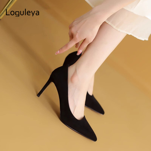 Loguleya黑色高跟鞋女2024新款细跟绒面尖头单鞋真皮羊皮气质女鞋