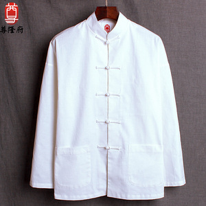 传统长袖民国唐装男士打底衫乳白色棉麻文艺居家大码古风居士服秋