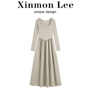 XinmonLee垂坠感气质修身方领长袖连衣裙女秋冬季法式内搭a字长裙
