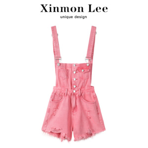XinmonLee粉色破洞背带牛仔短裤子2024年新爆款夏季女设计感小众