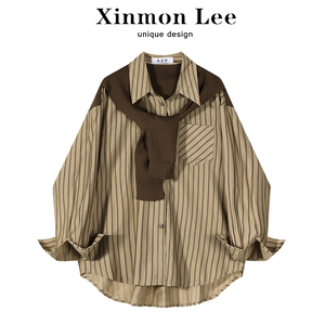 XinmonLee宽松长袖外套法式上衣披肩条纹衬衫春秋季2024新款女式