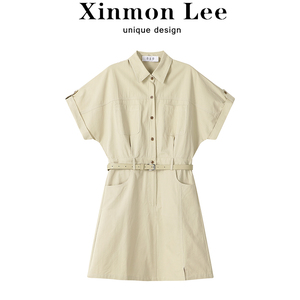 XinmonLee港味复古休闲工装连衣裙女夏季小个子收腰显瘦气质短裙