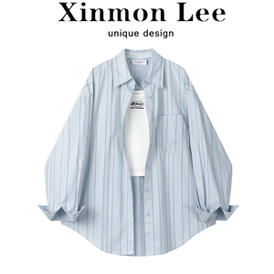 XinmonLee休闲韩系蓝色条纹防晒衬衫春夏女气质吊带背心两件套装