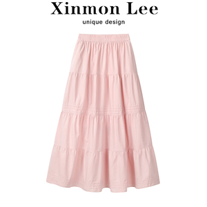 XinmonLee高级感气质法式半身裙夏季女宽松高腰显瘦粉色半裙A字裙