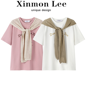 XinmonLee休闲气质百搭减龄白色短袖t恤夏季女宽松显瘦披肩上衣