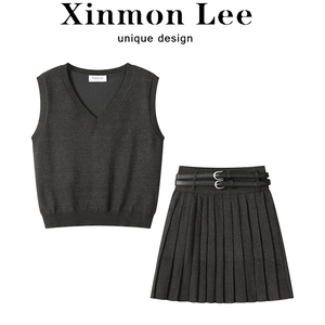 XinmonLee盐系轻熟针织背心上衣两件套装女设计感百褶a字短裙秋季