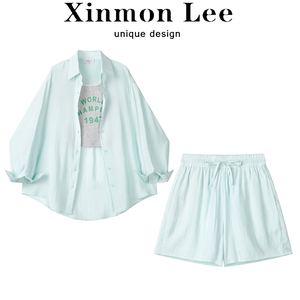 XinmonLee夏季新款高腰休闲短裤三件套装女防晒衬衫修身吊带上衣