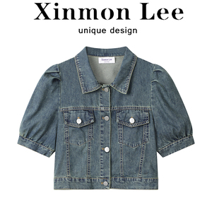 XinmonLee港风复古泡泡袖牛仔短款外套女士夏季休闲韩版短袖上衣
