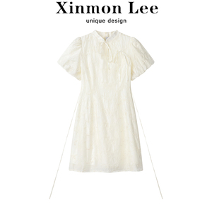 XinmonLee国风新中式改良旗袍连衣裙夏季刺绣立领收腰泡泡袖短裙