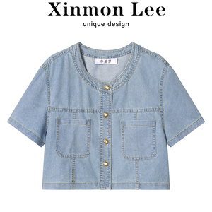 XinmonLee浅色复古牛仔衬衫薄外套夏季女休闲宽松小个子短款上衣