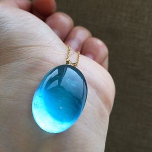 天然巴西冰种海蓝宝石大蛋面18k金吊坠 宇宙星光玻璃体荧光好礼物