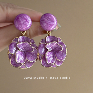 迷雾玫瑰~精致法式复古滴釉紫色花朵耳环夸张 高级感小众气质度假