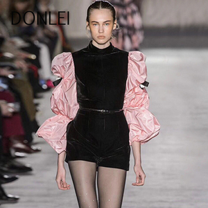 思蕾高定制戚薇同款拼接泡泡袖连体裤气质时尚阔腿裤连衣裙约会装