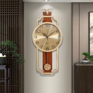 新款新中式木质仿古挂钟客厅大号家用静音时钟欧式复古装饰壁挂钟