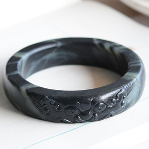 天然和田玉手镯新疆且末青花方条正装兽面玉石镯5758圈包国检证书