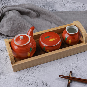日式赤绘酱油壶调味罐牙签筒套装日本料理餐具日式手绘陶瓷调味瓶