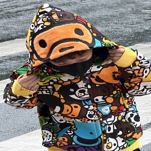 日本潮牌bape童装冬季男女童卡通动物园满印加绒加厚连帽保暖外套