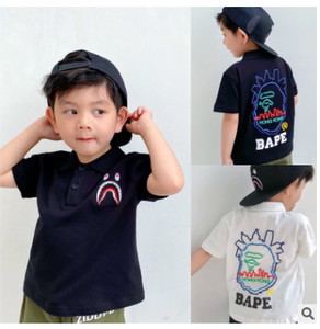日本潮牌童装bape夏季新款猿人头男女儿童鲨鱼短袖T恤POLO衫半袖