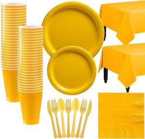 黄色一次性塑料盘子杯子纸餐具套装 创意结婚订婚瓜果盘 派对装饰