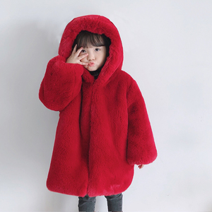 冬季女童装新年棉衣加厚女孩宝宝过年服仿皮草外套中长款连帽韩版